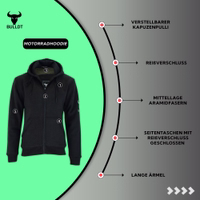 Fahre selbstbewusst mit diesem schwarzen Hoodie aus 100 % Baumwolle mit Aramid-Futter. Ausgestattet mit CE-Protektoren und atmungsaktivem Mesh-Innenfutter für Sicherheit und ganztägigen Tragekomfort.