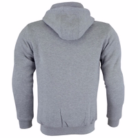 Rückansicht – Herren-Motorrad-Hoodie in Grau mit maschinenwaschbarer Kapuze und durchgehendem Reißverschluss. Ausgestattet mit zwei Außentaschen mit Reißverschluss und einer Innentasche für zusätzlichen Komfort.