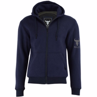 Vorderansicht – Herren-Motorrad-Hoodie in Marineblau mit mehreren Protektoren. Dreilagiger Aufbau: Außenmaterial aus 100 % Baumwolle, mittlere Schicht aus Aramidfasern und Innenfutter aus Polyester-Mesh für Schutz und Tragekomfort.