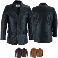 Front and rear view of Black premium Men's blazer Leather Blazer. Very soft material, made from the finest lamb nappa leather, this custom-made jacket offers high comfort and style. Available in dark brown, black, and caramel. Great design