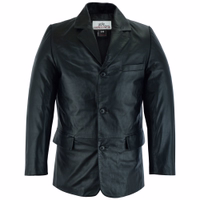 Front view of leather biker jacket, Experience luxury with a custom-made Men's Leather Blazer by German Wear. Crafted from soft lamb nappa leather, it features a button-up front, belly-height pockets, and an inside chest pocket. Buy online today