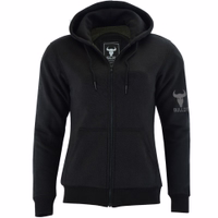 Vorderansicht Damen-Motorrad-Hoody in Schwarz mit zahlreichen Protektoren. Drei Schichten: Außen 100% Baumwolle, Mitte Aramidfasern, innen Polyester-Mesh für Schutz, Komfort und Atmungsaktivität.