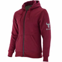 Damen-Motorrad-Hoodyjacke in Rot, Seitenansicht. Mit Kevlar-Futter für Aufprallschutz und zahlreichen geprüften Protektoren für volle Sicherheit an Armen, Brust, Schultern und Rücken.