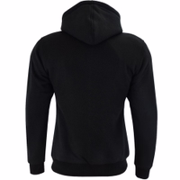 Rückansicht Damen-Motorrad-Hoody in Schwarz. Waschbare Kapuze mit durchgehendem Reißverschluss, zwei Außentaschen mit Reißverschluss und eine Innentasche für zusätzlichen Komfort.