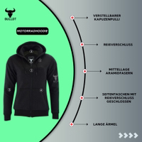 Damen-Hoody in Schwarz mit Baumwollkomfort und verstecktem Schutz durch Aramidfasern und Mesh-Futter. Perfekte Kombination aus Streetwear-Style und Sicherheit beim Fahren.
