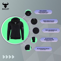 Zeitloser schwarzer Motorrad-Hoody mit integrierter Protektion, 3-lagigem Aufbau und Frontreißverschluss. Aramidkern und Mesh-Futter garantieren Haltbarkeit und Komfort bei jeder Fahrt.