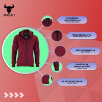 Weinroter Damen-Motorrad-Hoody mit Dreischichtschutz: Außen 100% Baumwolle, Kern Aramidfasern, Innenfutter Polyester-Mesh. Stylisch und gepanzert für den täglichen Fahrspaß.