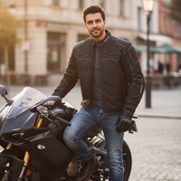 Life Style view of Men's motorcycle jacket in black