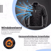 Black textile motorcycle jacket with removable inner lining, windproof design