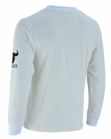 Die Rückansicht des Herren-Motorrad-Sweatshirts in Weiß zeigt die Verarbeitung aus Aramidfasern. Zusätzlich verfügt es über Kevlar-Einsätze an verschiedenen Stellen, die Haltbarkeit und Schutzwirkung erhöhen.