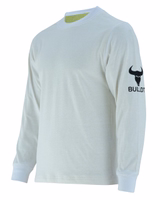 Seitenansicht des Herren-Motorrad-Sweatshirts in Weiß, das Kevlar-Futter an Aufprallzonen an Ärmeln, Seiten und Rückseite für erhöhten Schutz zeigt. Zusätzlich ist das BULLDT-Logo auf dem seitlichen Ärmel aufgedruckt.