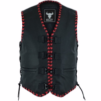 Frontansicht der roten klassischen Leder-Bikerweste „Frock Carabiner“. Bleiben Sie unterwegs organisiert dank mehrerer Taschen und sicherem Karabiner-Verschluss. Premium-Qualität für anspruchsvolle Fahrer. Kostenloser Versand.