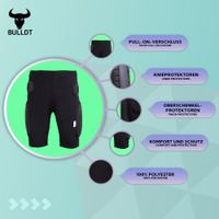 Die Show präsentiert die BULLDT Motorrad-Schutzhose mit gepolstertem Schutz, atmungsaktivem Mesh und Polyester-Material. Ideal für Motocross, Skateboarding, BMX und Wintersport.
