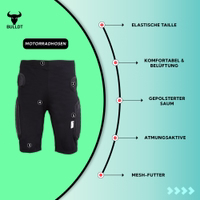 Schutzhose für Motorradfahrer, kurz, vorne BULLDT Die Show-Funktionen zeigen die BULLDT Motocross-Schutzshorts mit Protektoren an Knien, Oberschenkeln und Hüften. Atmungsaktiv, leicht und auf Komfort und Langlebigkeit ausgelegt.