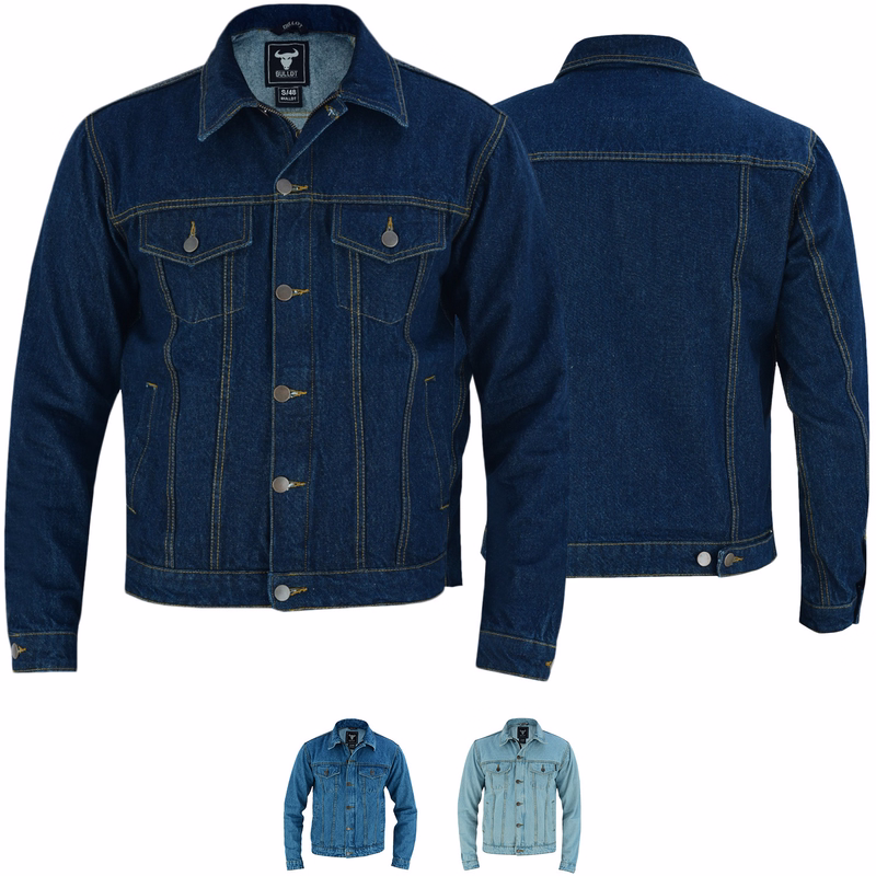 Motorcycle denim trucker and casual jacket Men's motorcycle jacket look shirt in dark blue color front and rear view, BLD312J Denim, it also features two front pockets closed with snap fasteners, Meticulously crafted from cotton fabric, and is offered in two additional underlying colors