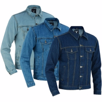 Men's motorcycle jacket in sky Blue, medium blue dark blue color front side view,BLD312J. Crafted from 100% cotton denim, it features button& zipper closure, multiple pockets,& a classic Kent collar. Essential gear designed by German Wear