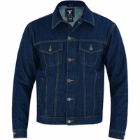 Men's motorcycle jacket look shirt in dark blue color front view, BLD312J Denim, The denim jacket closed at the front with buttons and zipper closure, Meticulously crafted from cotton fabric.
