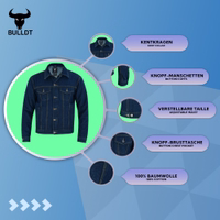 This dark blue motorcycle-look denim jacket blends rugged style with comfort. Made from 100% cotton, with zip & button closure, snap chest pockets, and a sharp Kent collar finish.