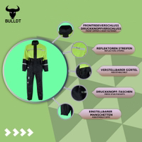 Der Neon-Gelbe Regenanzug von BULLDT bietet unschlagbare Sichtbarkeit und wasserdichte Performance. Reflektierende Prints, verschweißte Nähte und markantes Design machen ihn zum Must-have für jeden Fahrer.