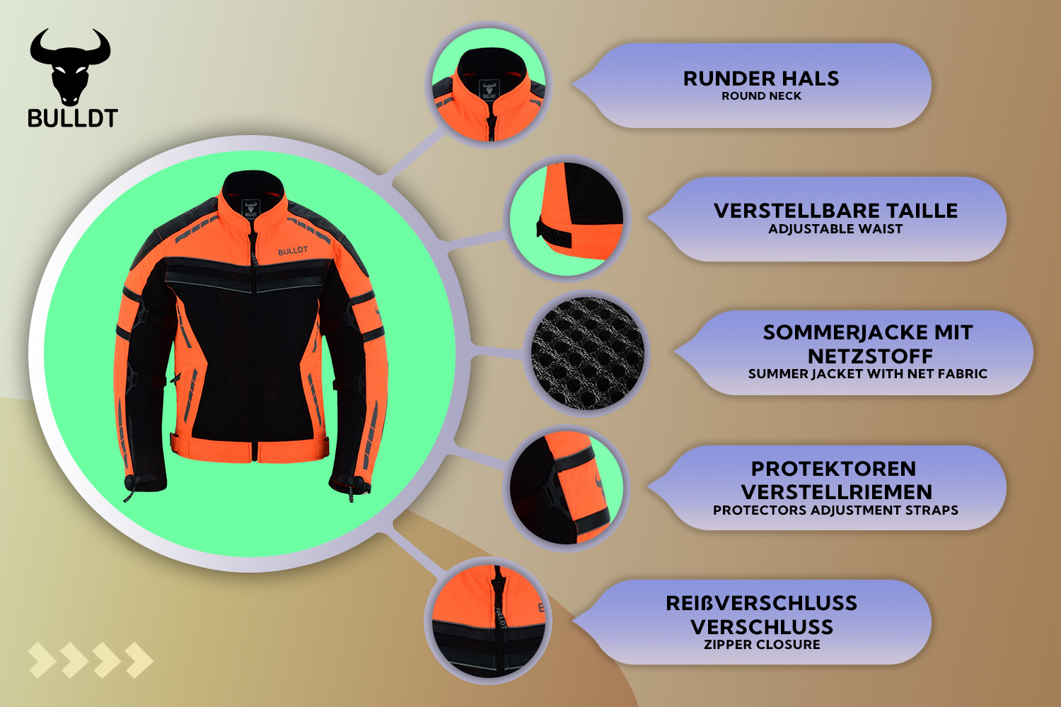 BULLDT Motorradjacke für Sommer Tech Mesh Jacke Schwarz Neon Geld