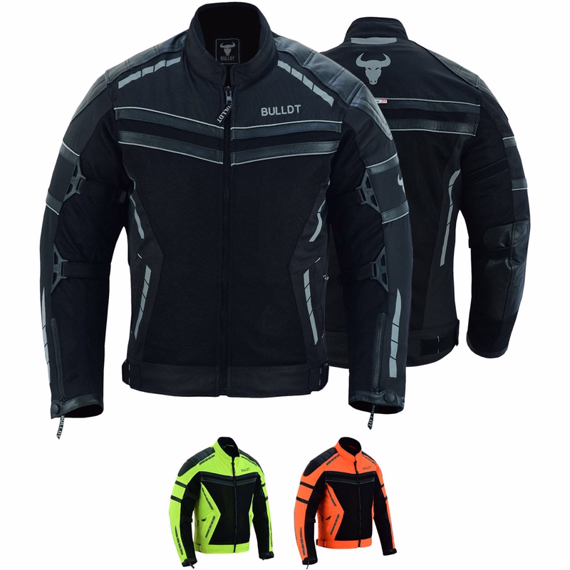 BULLDT Motorcycle Jacket Summer Tech Mesh Jacket Black, Neon Money & Neon Oragen Cordura men's motorcycle summer jacket in Neon yellow color front &rear views,BLD325K, equipped with arms, shoulders, &back protectors it also features two side pockets &is offered in two additional underlying colors