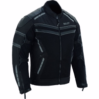 Men's motorcycle jacket in black showcases its arm side view, crafted from Cordura polyester with lamb napa leather stripes &polyester inner lining. Featuring cuffs secured with a combination of zipper &button closures