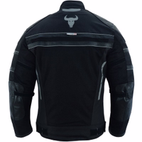 Men's motorcycle jacket in black, rear view, BLD323J, equipped with arms, shoulders, &back protectors. Crafted from polyester fabric, it features a removable inner lining. Neon colors &3M reflective elements enhance visibility in the dark