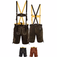 Vorder und Rückansicht der Traditionellen Dunkelbraunen Kurzen Lederhosen mit Hosenträgern aus echtem Wildleder mit Stickerei perfekt für Trachten Outfit und Oktoberfest Bekleidung jetzt online kaufen