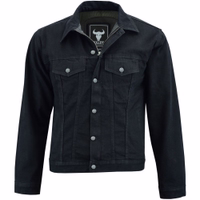 Denim Schwarz – Vorderansicht der BLD324J Herren-Motorradjacke. Mit Protektoren ausgestattet, sorgfältig aus Baumwollstoff mit Polyester-Innenfutter gefertigt. Vorderseite mit Knöpfen und Messing-YKK-Reißverschluss.