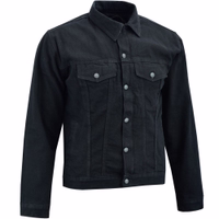 Herren-Motorradjacke in Schwarz – Seitenansicht BLD324J Denim. Sorgfältig aus Baumwollstoff mit Polyester-Innenfutter gefertigt, mit Protektoren ausgestattet, komplette Beschichtung des Shirts mit Aramidfasern, Vorderseiten-Taschen mit Druckknöpfen verschl