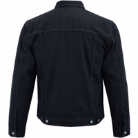 Denim Herren-Motorradjacke in Schwarz – Rückansicht BLD324J. Ausgestattet mit Protektoren für Arme, Brust, Schultern und Rücken, sorgfältig aus Baumwollstoff mit Polyester-Innenfutter gefertigt.
