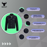 Denim Herren-Motorradjacke in Schwarz – Vorderansicht BLD324J. Mit langen Ärmeln und Kent-Kragen, sorgfältig aus Baumwolle mit Polyester-Innenfutter gefertigt, inklusive Zwischenschicht aus Aramidfasern. Komplett mit Brusttaschen und 2 Innentaschen.