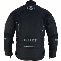 Cordura Textil-Motorradjacke in Schwarz, Modell BLD325J, Rückansicht. Mit zahlreichen geprüften Protektoren ausgestattet. Gefertigt aus Polyestergewebe mit Polyester-Innenfutter. Kombinierbar mit passender Hose und per Reißverschluss zum Motorradanzug erwe