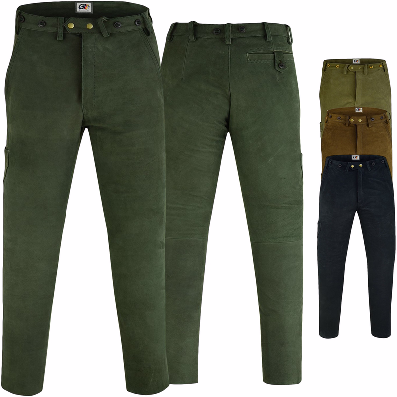 Buffalo Leather Long Hunting Pant Front and back view of Buffalo Leather Long Hunting Green Pant showing adjustable waistband, knife pocket, side pockets, and classic buttons, perfect for outdoor use, buy online