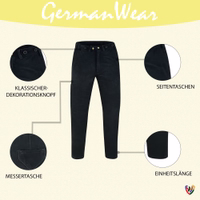 Produktmerkmale der Buffalo-Lederhose in Schwarz: Messertasche, stabiler Reißverschluss, Gürtelschlaufen und atmungsaktives Futter – ideal für lange Outdoor-Einsätze. Jetzt online sichern.
