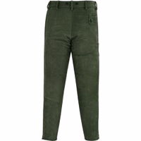 Back view of Buffalo Leather Long Hunting Dark Green Pant showing secure rear pocket with button closure, breathable lining, and rugged buffalo leather, order today.