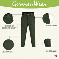 Features show of Buffalo Leather Long Hunting Dark Green Pant highlighting knife pocket, belt loops, fine lining, and strong zipper for reliable outdoor wear, get today.