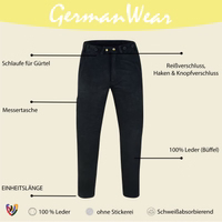 Die Buffalo-Lederhose in Schwarz vereint Langlebigkeit und Eleganz, gefertigt für Jäger und Wanderer mit funktionalen Taschen und verstellbarem Bund. Jetzt kaufen.