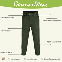 The Buffalo Leather Long Hunting Dark Green Pant combining adjustable waistband, functional knife pocket, and timeless outdoor style for hunters and hikers, buy online now.