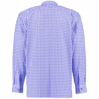 Rückansicht eines traditionellen Lederhosenhemds mit Knopfleiste vorne, langen Ärmeln und Brusttasche. Hergestellt aus 100 % Baumwolle, kombiniert mit hochwertigen deutschen Trachtenschuhen, die elegante Handwerkskunst und Stil präsentieren.