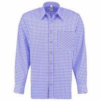 Ein dunkelblaues bayerisches Trachtenhemd mit langen Ärmeln, Knopfleiste und Brusttasche. Das Hemd besteht aus 100 % Baumwolle und verfügt über hochkrempelbare Ärmel, wodurch es klassischen deutschen Trachtenstil zeigt.