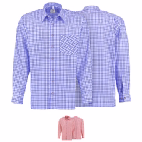 Front- und Rückansicht eines traditionellen Herrenhemds in Dunkelblau mit langen Ärmeln und Kent-Kragen. Das Design umfasst ein klassisches Karomuster, Knopfmanschetten und eine Knopfleiste, alles gefertigt aus 100 % Baumwolle.