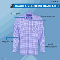 Traditionelles bayerisches Herrenhemd in Dunkelblau mit stilvollem Kent-Kragen und langen Ärmeln mit Knopfmanschetten. Aus 100 % hochwertiger Baumwolle gefertigt, vereint dieses Hemd klassisches Design mit Komfort und Eleganz.
