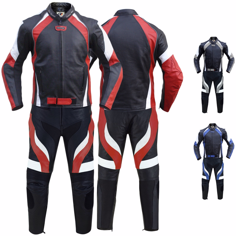 2-teiliger Motorradanzug – Biker-Lederanzug aus Rindsleder Front- und Rückansicht eines zweiteiligen Biker-Lederanzugs mit zwei Fronttaschen auf Bauchhöhe und einer Innentasche. Jacke mit Klettverschluss am unteren Reißverschluss gesichert. Abnehmbare Protektoren sorgen für zusätzliche Sicherheit.