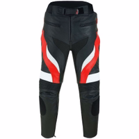 Beste rote Motorradhose, Frontansicht, bietet vollständigen Schutz, verstärkte Knie, Stretch-Spandex-Passform, verdeckte Reißverschlusstaschen und optimale Luftzirkulation für Haltbarkeit und Komfort. Lässt sich leicht mit passender Jacke kombinieren.