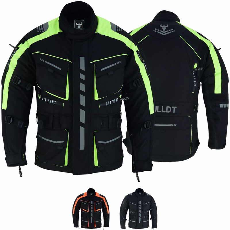 Personalisierte Motorradlederjacke für individuelles Customizing Cordura Herren-Motorradjacke in Neon-Gelb, Vorder- & Rückansicht, BLD325J, mit Schulter-, Brust-, Ellenbogen- & Rückenprotektoren. Fronttaschen mit Druckknöpfen & 3D-Reißverschluss ausgestattet.