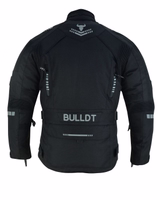Cordura textile motorcycle jacket in black color rear view,BLD325J, equipped with numerous approved protectors. It is crafted from polyester fabric with a polyester inner lining. The jacket comes with matching trousers, Suit