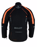 Cordura textile motorcycle jacket in neon orange color rear view,BLD325J, equipped with numerous approved protectors. It is crafted from polyester fabric with a polyester inner lining. The jacket comes with matching trousers,