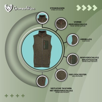 Herren-Jagdweste aus Leder in mehreren Farben Die Jagdweste verfügt über einen Stehkragen und einen Frontreißverschluss. Das ärmellose Design beinhaltet eine Brusttasche mit Reißverschluss sowie eine seitliche Reißverschlusstasche für zusätzlichen Komfort. Hergestellt aus 100 % Polyester für Langlebig