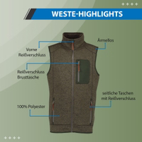 Herren-Jagdweste aus Leder in mehreren Farben Herren-Jagdweste in Olivgrün, ärmellos und aus 100 % Polyester gefertigt. Verfügt über einen Frontreißverschluss und eine Brusttasche mit Reißverschluss sowie zusätzliche seitliche Reißverschlusstaschen für sicheren Stauraum.